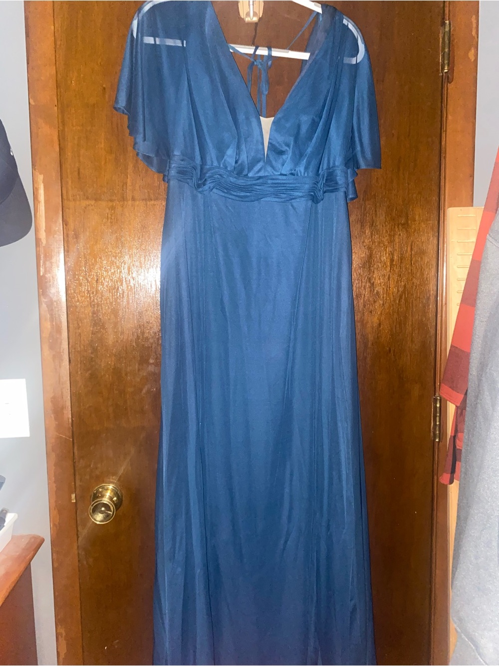 Azazie “tiara” Dark navy Blue V-Neck Flutter Sleeve Maxi Dress